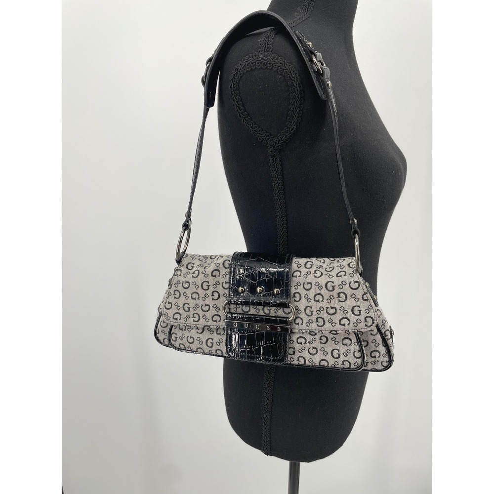 Guess‎ Shoulder Bag Womens Small Black Monogram Canvas Croc Trim Y2K Baguette